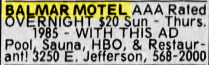 Balmar Motel - 1985 20 BUCKS PER NIGHT